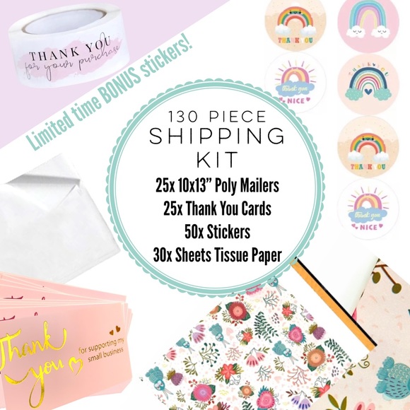 130pc Shipping Kit. Poly mailers, thank you cards, tissue paper stickers. - Picture 9 of 12